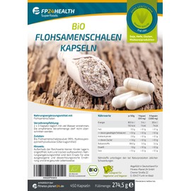 FP24 Health Bio Flohsamenschalen Kapseln 450 Stk - 3.660 mg je Portion - aus biologischem Anbau - indische Flohsamen hochdosiert - Hergestellt und geprüft in DE - Ballaststoffe