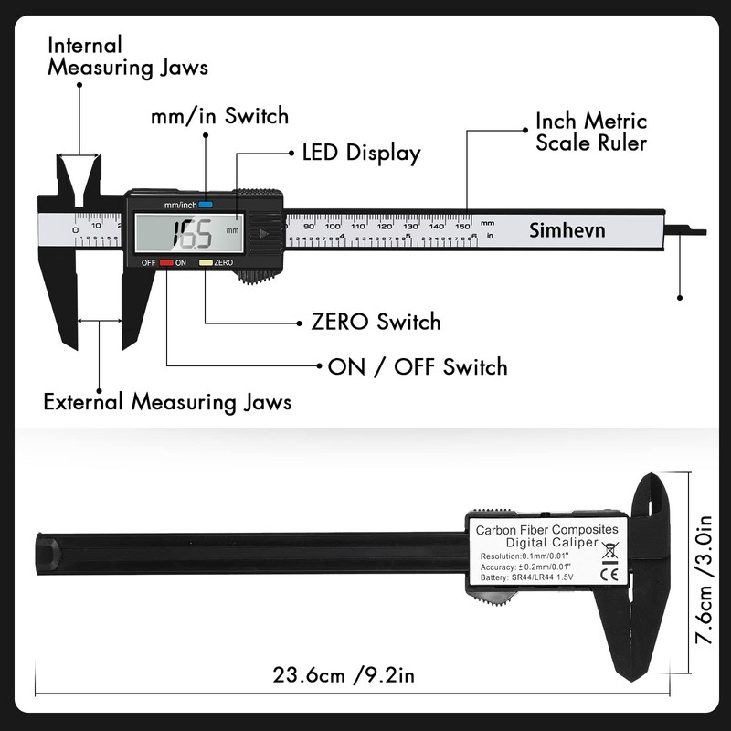 Simhevn Electronic Digital Calipers, inch and Millimeter Conversion,LCD Screen displays