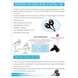 WILCHES PIGGYBACK FLOAT SWITCH WITH ADJUSTABLE COUNTERWEIGHT FOR SUMP PUMP, SEWAGE PUMP,TANKS, IP68 PROTECTION, 16AMP, 10 FEET CABLE (10 FEET CABLE)