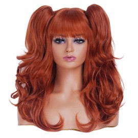 Rugelyss Long Wavy Auburn Ponytail Wigs for Women with 2 Claw Pigtails Copper Red Synthetic Hair wig with bang fits for Cosplay or Cotume Party
