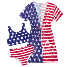 Enlifety Girls Patriotic Swimsuit Size 5 6 Independence Day American Flag Bathing Suit with Cover Up 3 Piece July 4th Bikini Set