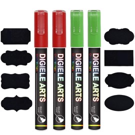 DIGIELE Liquid Chalk Marker Pens Red + Green, 2pcs Red Chalk Pens + 2pcs Green Ink Markers, 3mm Tip Dry or Wet Wipe Erase, Thin & Medium Reversible Bullet or Chisel Tip, 4 Pens + 16 Chalkboard Labels