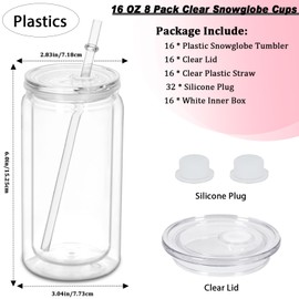Micellwuu 16 oz Plastic Snow Globe Tumbler, 16 Pack Double Wall Snowglobe Tumbler with Pre Drilled Hole, Plastic Mason Jar Cups Can for Snow Globe Glitter DIY (Clear)
