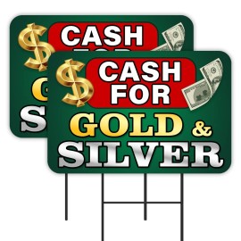 Cash For Gold & Silver - Pawn Jewelry 2 Pack Double-Sided Yard Signs 16" x 24" w