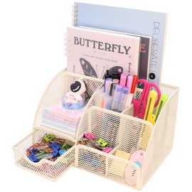 Boutilon Mesh Desk Organizer Desktop Office Supplies Stationary Organizer with 6 Compartments and 1 Drawer Multi-Functional Caddy Pen Holder for Home Office School Desk Decor(Beige)