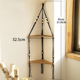 Yurosiay Macrame Wall Shelf Wooden Boho Hanging Shelf Wood Hand-Woven Macrame Floating Shelf Natural Cotton Rope Shelf Wall Boho Wall Hanging Triangles Hanging Shelf for Bedroom 95 x 32.5 cm Black 1#