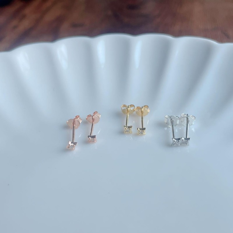 925 Silver Earrings, Gold, 18K Coating, Ultra Small, Rhombic, CZ
