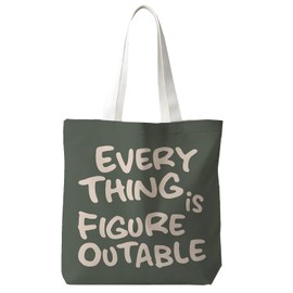 JINYO Everything Is Figureoutable Canvas Tote Bag, Inspirational Motivational Gifts Tote Bags for Women Coworkers Friends, Trendy Retro Sage Green Reusable Grocery Bags Shopping Bag