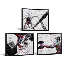 KREATIVE ARTS Colorful Gym Wall Art Canvas Set with Black Frame Abstract Fitness Workout Prints Barbell Dumbbell Battle Rope Paintings for Home Gym Exercise Room Motivation Decor 12x16 Inches Set of 3