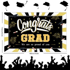 2024 Black Gold Graduation Party Backdrop,71x43inch Fabric Graduation Congrats Grad Banner Graduate Photography Background Photo Booth Props Tablecloth with Ribbon for Class School Party Supplies