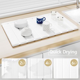 Stylstoreazy Stone Drying Mat for Kitchen Counter,Large 25"×16" Collapsible Quick Dry Dish Drying Mat with PU Leather Diatomaceous Earth Water Absorbing Mat for Countertop Bottles Utensils Cups,White