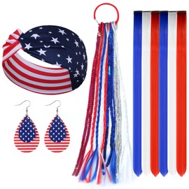 4th of July Accessories Set Include Patriotic Headband Hair Tie Red White and Blue Earrings Red Blue White Wig for Women Independence Memorial Day Party Decorations