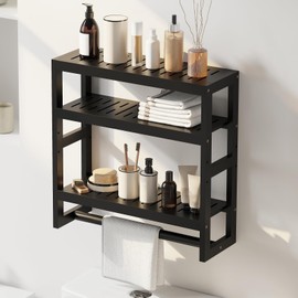 Furshus Bathroom Shelves with Hanging Bar Over Toilet Storage - Adjustable Wall Organizer (Black)