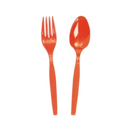 Fun Express - Orange Fork/spoon Plastic Cutlery Set - Party Supplies - Solid Tableware - Cutlery - 16 Pieces