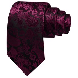 GUSLESON Mens Maroon Tie for Wedding Solid Silk Paisley Dark Red Necktie for Party (1036-18)