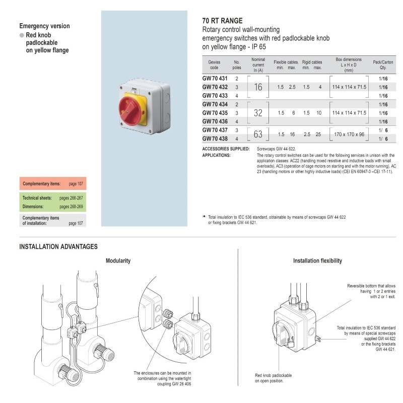 GEWISS GW70435 Rotary Switch, Wall Mounting, Lockable, 3P 32A, 500V,