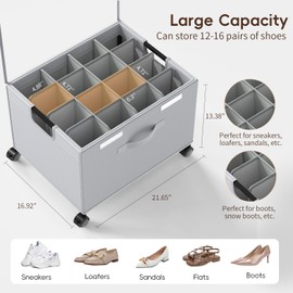 HOUSE AGAIN Shoe Organizer for Closet, Foldable Shoe Storage Organizer Box with Wheels and Adjustable Dividers, Sturdy Metal Frame Fits up to 16-32 Pairs, Large Shoes Storage with Clear Cover