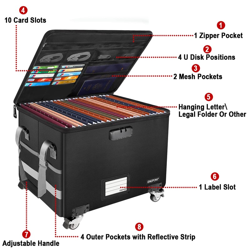 ENGPOW Fireproof Document Box with Wheels, Collapsible File Box with