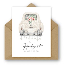 Pusteblume Grusskarten 2 x Wedding Card with Car on the Front in Watercolour Style Painted Card Wedding - (Pack of 2)