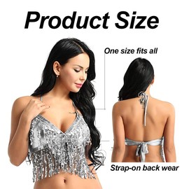 LuckyMoon Belly Dance Crop Top, Women's Sequin Beaded Halter Top Bra, Fringe Bandage Tank Top Backless Tube Bra Silver