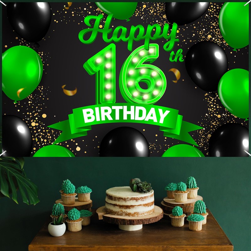 Happy 16th Birthday Green and Black Banner Backdrop Cheers to