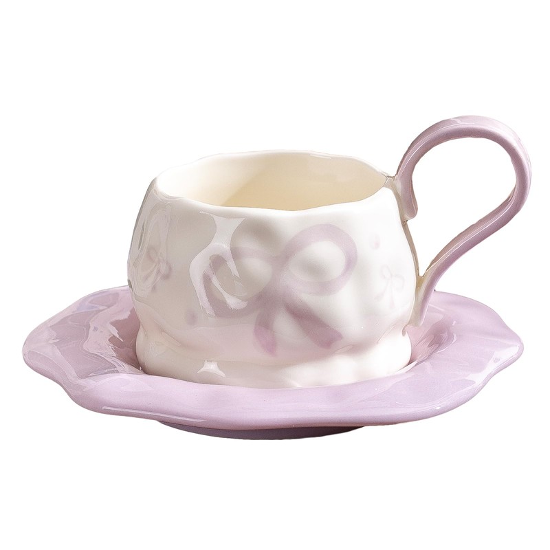 KERHAND Purple Ceramic Mug and Saucer Set with Bow and