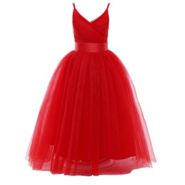 Glamulice Classic Red Flower Girl Dresses Lace Bridesmaid Long A Line Wedding Pageant Dress Tulle Spaghetti Strap Party Gown Fancy Vintage Holiday Formal Princess Dance Christmas Red Ball Gown 11 12