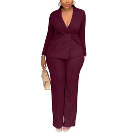 Kafiloe Women Double Breasted Blazer Pants Suit 2 Piece Outfits Casual Long Sleeve Blazer Set for Work Business Burgundy L