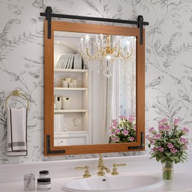 JIINGYO Farmhouse Bathroom Mirror, 24x32 Inch Brown Vanity Mirror for Wall, Wood Framed Rustic Mirror Rectangular Wall Decor Mirrors for Entryway Living Room Bedroom