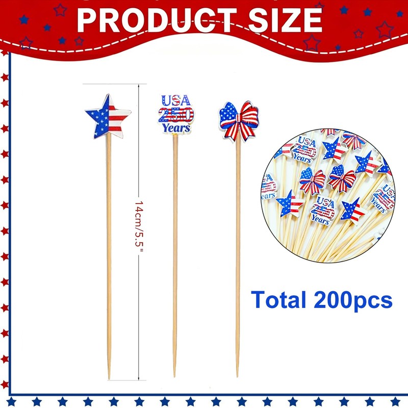 200pcs USA 250th Patriotic Cocktail Picks 4th of July Star