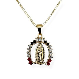 Our Lady of Guadalupe Virgin Mary Tri-Color Horseshoe Gold Plated Pendant Charm with Rhinestones Necklace Cadena Collar Chapa de Oro Religious Gift