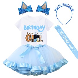 Hewtwerck Birthday Girls Outfit T-Shirt Tutu Skirt Sets with Blue Ears Hair Clips Headband and Satin Sash (Blue, 7Years-8Years)