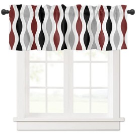 YOKOU Curtain Valance, Wave Stripes Geometric Pattern Mid Century Black Gray Burgundy Red Short Rod Pocket Window Treatment for Living Room, Bedroom, Kitchen, Bathroom, 1 Panel, 54" W x 18" L