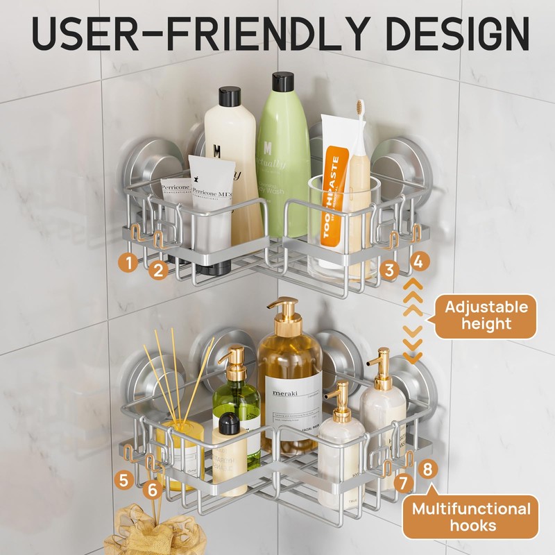 LEVERLOC 2 Pack Corner-adaptive Suction Cup Shower Caddies, Drill-Free Wall