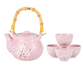 Japanese Plum Blossom Design Tea Set 27 fl oz Teapot with 4 Cups Serving Home Decor Asian Fusion Housewarming Decor (Pink)