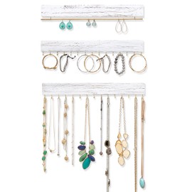 Ilyapa Wall Mounted Jewelry Organizer, Rustic White Wood - Earring, Bracelet and Necklace Holder - 3 Piece Jewelry Hanger Rack Set