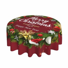 GJLNTRF Merry Christmas Christmas Wreath Round Tablecloth 60 Inch, Christmas Decorations Round Table Cloth for Xmas Holiday Picnic Party Indoor Outdoor
