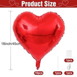 10 Pcs Red Heart Balloons, 18 Inch Heart Foil Balloons Helium Balloons, Red Love Balloons for Wedding and Valentines Day, Proposal Romantic Decoration Mylar Balloons for Wedding Party Decorations