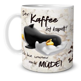 TRIOSK Pinguin Teebecher mit Kaffee kaputt Spruch lustig Coffee Geschenk für Arbeit Büro Kollegin Frauen Freundin Chef Pinguinliebhaber, Keramik 330ml