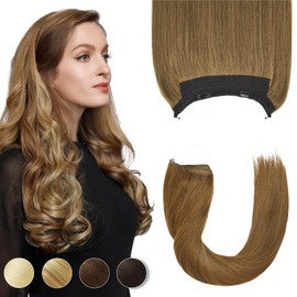 Yamel Invisible Wire Hair Extension Human Hair with Clips Light Brown 12 Inch Fish Line 1 Piece Real Human Hair Secret Extensions