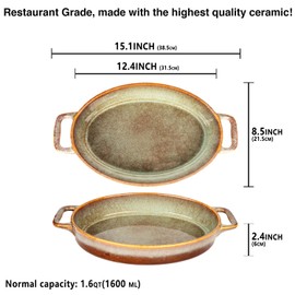 jinsongdafa Oval Casserole Dish, 12" x 8" Ceramic Au gratin Baking Dish, 1.6 Qt Large Lasagna Pan Deep for Oven, Baking Pan with Handles - Oven, Microwave, Freezer and Dishwasher safe - Great Gift