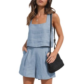 Conjunto de Chándal Casual de Lino de 2 Piezas para Mujer,Ccuello Cuadrado, Conjunto a Juego, Playa y Verano (Azul, Extra Grande)