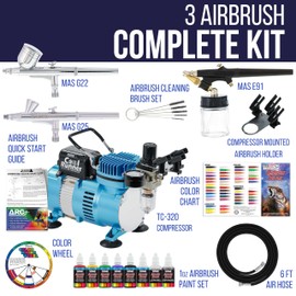 Master Airbrush Cool Runner II Dual Fan Air Compressor Professional Airbrushing System Kit with 3 Airbrushes, Gravity and Siphon Feed - 6 Primary Opaque Colors Acrylic Paint Artist Set - How to Guide
