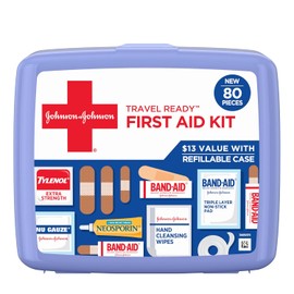 Johnson & Johnson - Kit portátil de primeros auxilios de emergencia para el cuidado de heridas menores con vendas adhesivas, almohadillas para orejas de gasa y más, ideal para viajes, coche y sobre la marcha, 80 piezas