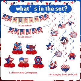 Blosssound 27 Pcs 4th of July Decorations Set Patriotic Party Decor American Flag Banner USA Hanging Swirls Independence Day Honeycomb Table Centerpieces for USA Office Home Memorial Day Supplies