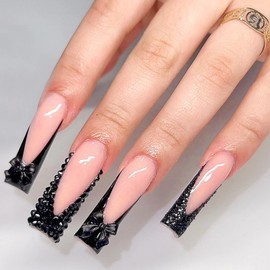 MISUD Press on Nails Long Square Fake Nails Glossy Glue on Nails Black French Tip Acrylic Nails Squoval Artificial Nails Bling Glitter Stick on False Nails with Rhinestone Design 24 pcs