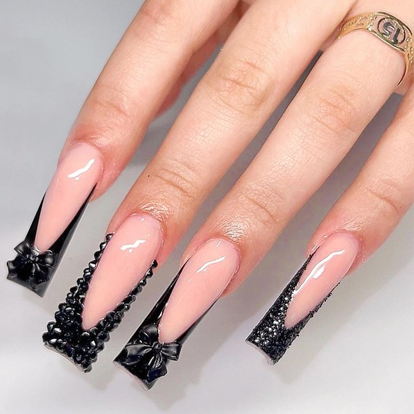 MISUD Press on Nails Long Square Fake Nails Glossy Glue