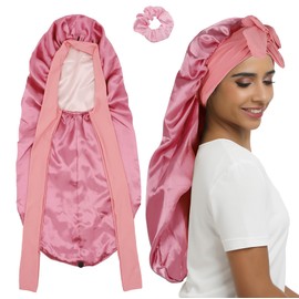 SENGTERM Long Satin Sleep Cap Silk Hood for Women - Double Layer Elastic Silk Hood for Braids Hair Sleeping Cap with Tie Band (DE/NL/SE/PL, Alphanumeric, M, L, Long Pink)
