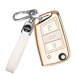 FT FUNTOR Gold Edged Keycase Suitable for VW Golf 7, 3-Button Car Key Cover Housing with Leather Keychain, Suitable for Ateca Arona Polo Jetta Seat Skoda Leon Octavia Kodiaq(White)