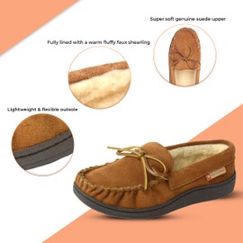 Alpine Swiss Sabine Womens Moccasin Slippers Genuine Suede House Shoe Memory Foam Insole Plush Faux Shearling Fur Indoor Outdoor Anti-Slip Rubber Sole CHST 6